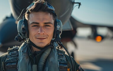 A military fighter jet pilot stands confidently, wearing a flight suit and helmet, with an aircraft in the background under a clear sky