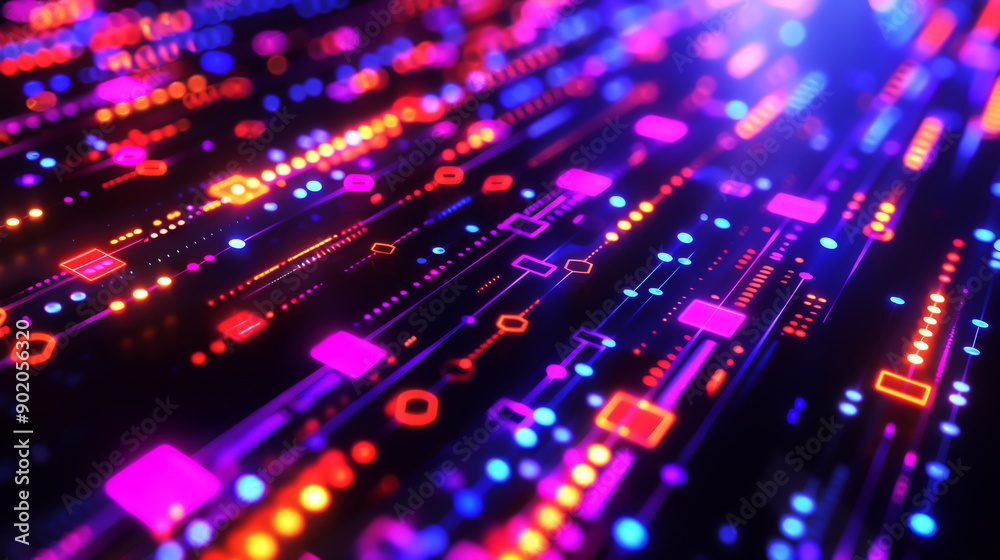 Wall mural abstract futuristic digital background with glowing neon lights and complex geometric patterns repre
