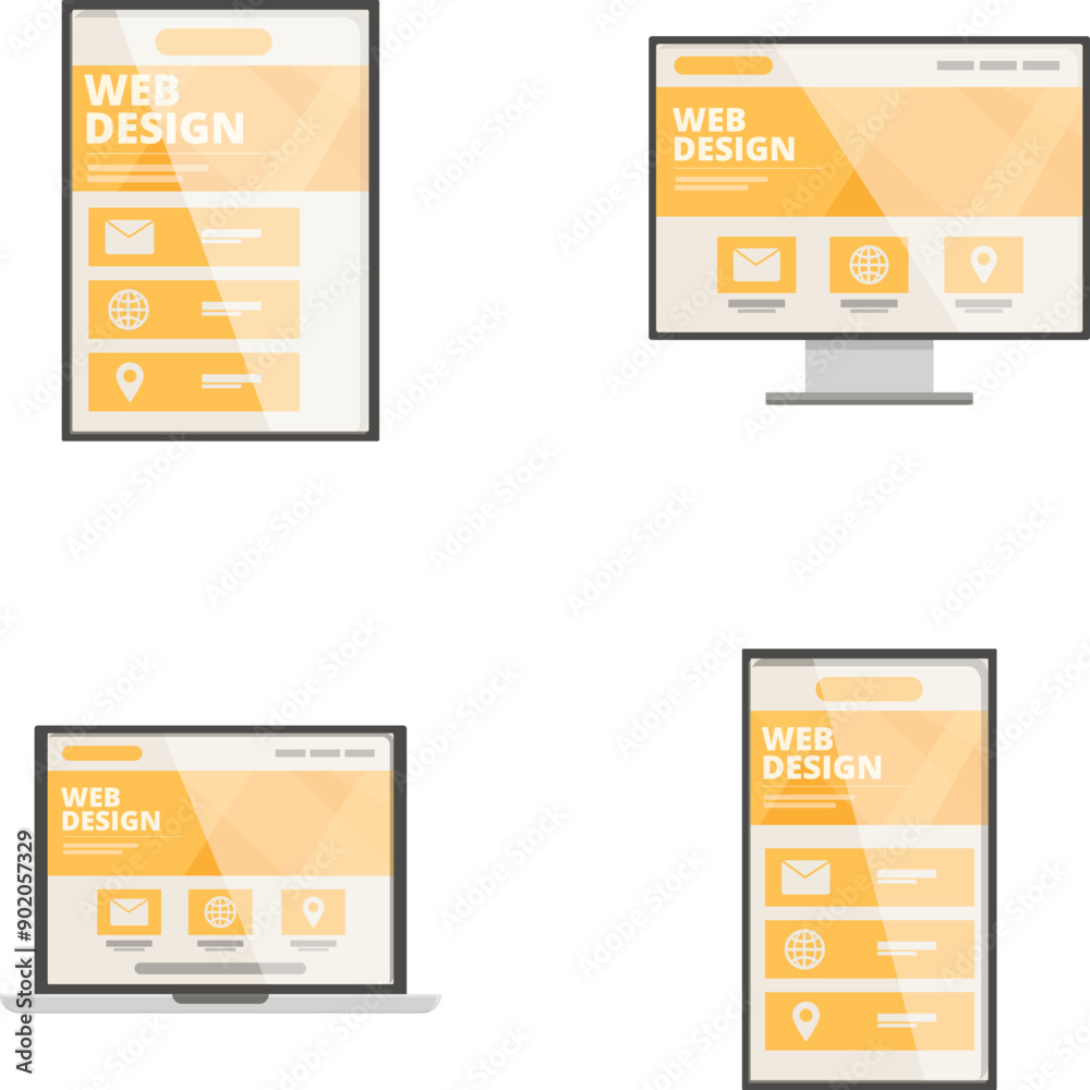 Poster set of icons depicting responsive web design across different devices
