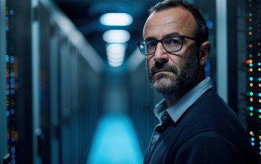 An IT specialist examines server hardware in a data center, ensuring optimal performance and security while surrounded by blinking lights and cool tones