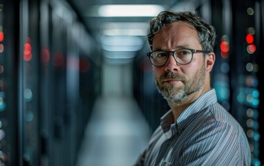 An IT specialist evaluates server systems in a data center, ensuring optimal performance during scheduled maintenance hours
