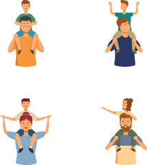 Four illustrations of cheerful dads with children riding on their shoulders