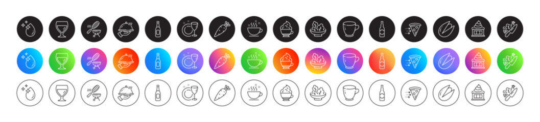 Pistachio nut, Restaurant food and Coffee cup line icons. Round icon gradient buttons. Pack of Tea cup, Vegetable, Beer bottle icon. Water drop, Beer, Carrot pictogram. Vector