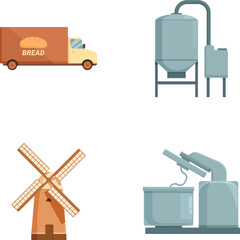 Obraz premium Collection of four icons illustrating a bread delivery truck, a silo, a windmill, and scientific equipment
