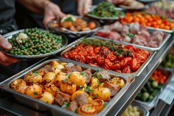 Obraz premium Meat and Vegetables in Metal Tray at Wedding Party – People Holding Plates with Food, Blurred Background