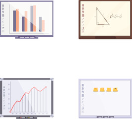 Fototapeta premium Four vector illustrations of presentation boards with business and mathematical graphics