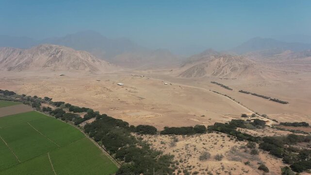 Aerial view the Sacred City of Caral, is an archaeological site located in the Supe valley, near the current town of Caral, 182 kilometers north of Lima, Peru