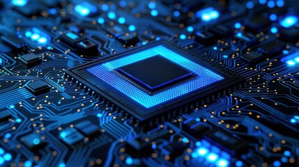 A close-up view of a modern microchip on a circuit board with glowing blue lights, showcasing technology and innovation.