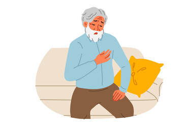 Elderly man feels pain in heart, sitting on couch and needs emergency medical care. Grandfather is yearning for myocardial infarction due to heart pain and problems with cardio exercise