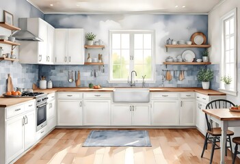 Watercolor modern and minimalist kitchen interior design illustration