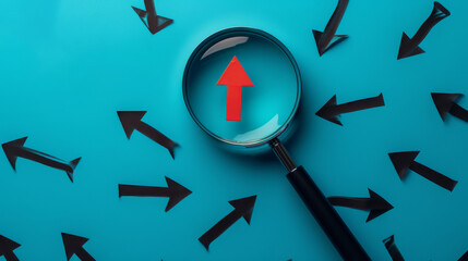 Red arrow moving against black arrows on blue background, concept of leadership and direction