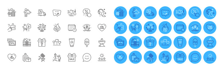 Calendar, For ever and Fireworks stars line icons pack. Love heart, Fireworks rocket, Hot offer web icon. Baggage, Shopping bags, Photo album pictogram. Grill, Delivery discount, Sale offer. Vector