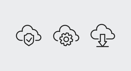 Cloud computing icons. Cloud computing trendy minimal icons set. Cloud Security, Settings, Download icon. Design signs for web page, mobile app, packaging design. Vector illustration.