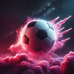 Fototapeta premium Soccer ball in space with pink smoke and explosions
