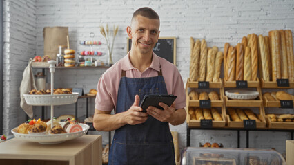 Young man smiling in a bakery holding a tablet surrounded by various pastries and bread loaves in a cozy indoor shop setting