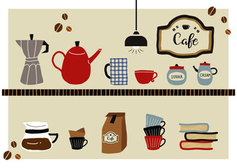 お洒落な手描きのコーヒー　カフェのイラストセット
