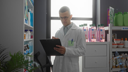 Pharmacist man working in pharmacy checking inventory with clipboard inside drugstore