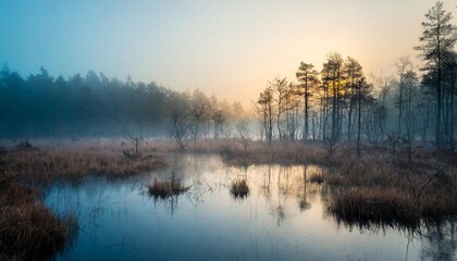 Fototapeta premium Empty, misty swamp in the moody forest with copy space