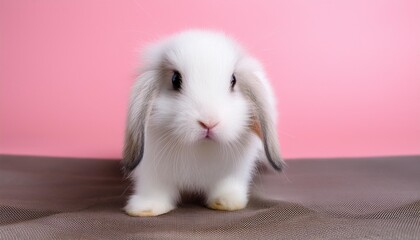 Front view of white cute baby holland lop rabbit standing on pink background. Lovely action