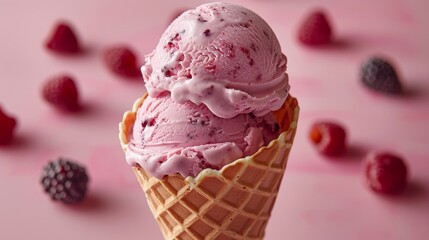 Waffle cone with two scoops of berry ice cream, close-up. Dessert and summer refreshment concept