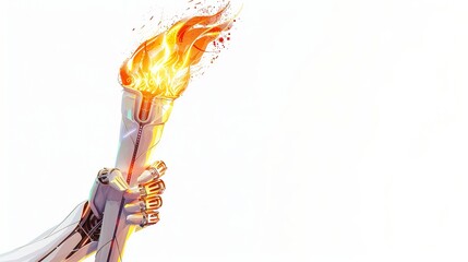 White futuristic bionic hand holding Olympic torch with burning flame - horizontal illustration