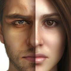 Fototapeta premium Half-Face Portrait of a Man and Woman Showcasing Diverse Facial Features and Expressions