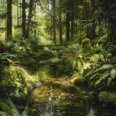 Dynamic Forest Ecosystem: A Harmonious Balance of Flora and Fauna Supported by a Clear Stream