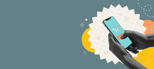 Trendy halftone collage Phone in hand, buying goods online. Modern retro banner, online shopping, wallet in phone, applications. Vector illustration