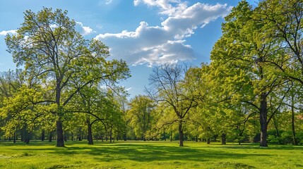 Obraz premium deciduous trees in the park on a sunny day trees growing in the park in spring : Generative AI