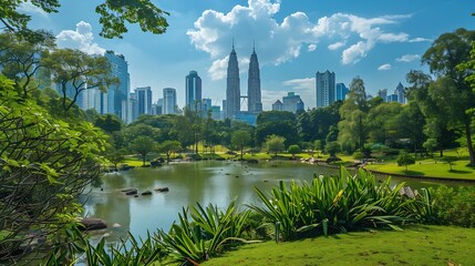 Fototapeta premium Scenic Kuala Lumpur skyline Amazing view of a green city park in Kuala Lumpur Malaysia Highrise buildings are visible on blue sky background Kuala Lumpur is a popular tourist destinati : Generative AI
