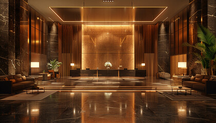 Sleek hotel lobby with recessed lighting