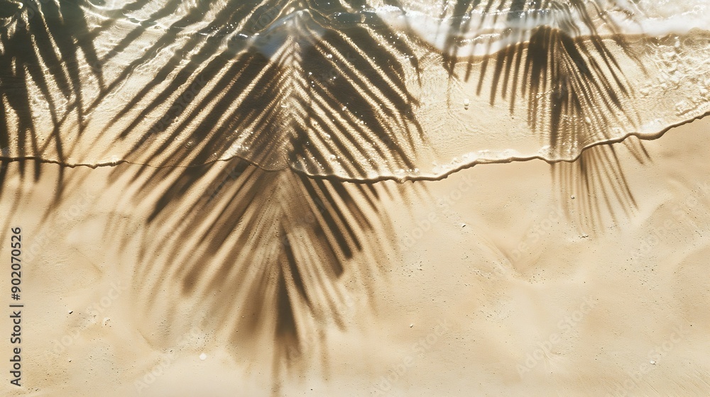 Poster empty abstract sand beach with palm leaf shadow and transparent water wave from above blank background banner for travel vacation and wellbeing with copy space : Generative AI