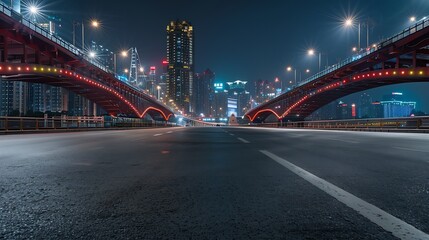 Fototapeta premium Asphalt road square and bridge with modern city buildings at night in Chongqing : Generative AI