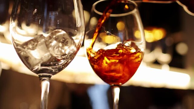 Bartender makes two glasses of cocktail Aperol spritz on bar counter, adds fresh orange slices. Typical alcoholic Italian beverage, aperitif made with Prosecco sparkling white wine and ice cubes