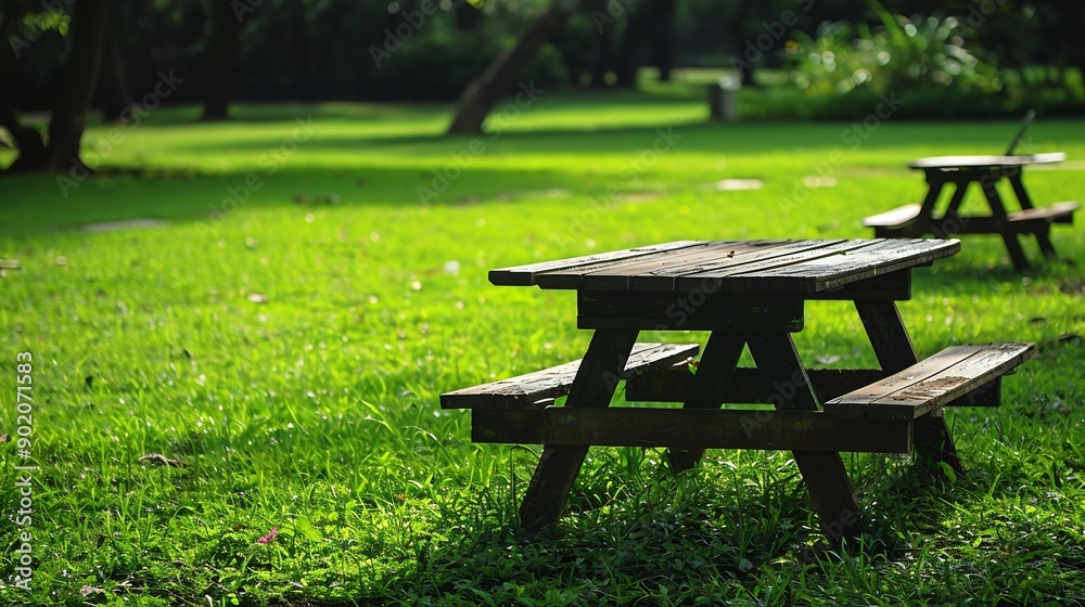 Poster park picnic table bench rest relax outdoors benches and tables on green grass in recreational area :