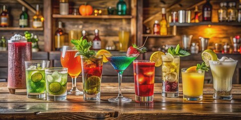 A colorful assortment of cocktails on a rustic wooden bar counter, cocktails, drinks, mixology, bar, alcohol, beverage