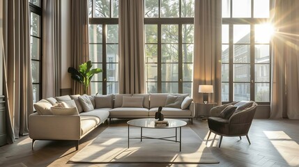Interior of spacious luxurious living room with comfortable sofa and chairs next to bright windows at contemporary home : Generative AI