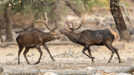 Two fully adult angry male Sambar deer in action fighting with their big long large antlers showing dominance at ranthambore national park or tiger reserve rajasthan india  Rusa unicol : Generative AI