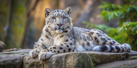 Fototapeta premium Outdoor shot of a white and black spotted snow leopard lying on a rock, snow leopard, wildlife, endangered species, predator