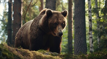 Fototapeta premium European brown bear in forest at summer : Generative AI