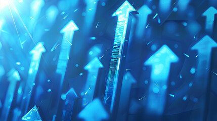 blue background with arrows pointing upwards, representing stock market growth or business success in the financial industry graph show upward trends, symbolizing positive progress 