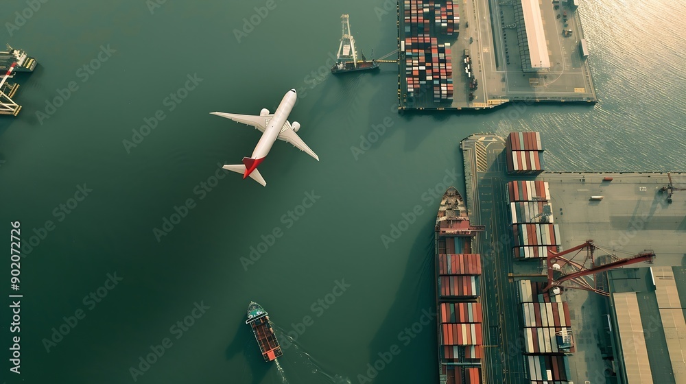 Poster aerial view and top view cargo plane flying above ship port in the export and import business and sm