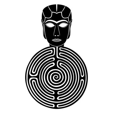 Female head of ancient woman or goddess Inanna from Iraq and a round spiral maze or labyrinth symbol. Mythological concept. Ariadne. The Mask from Warka. Lady of Uruk. Black and white silhouette.