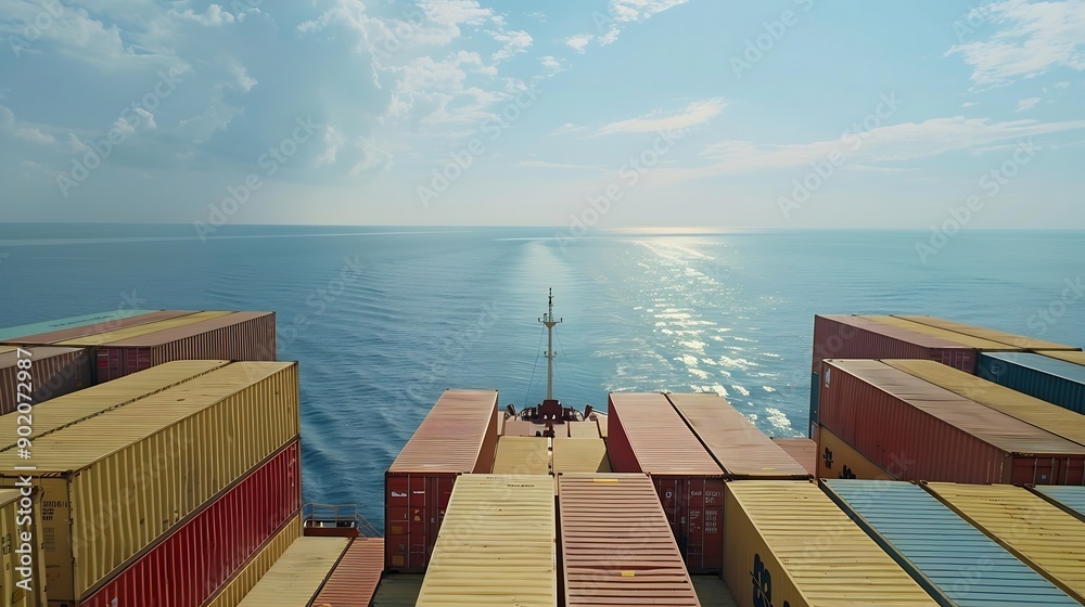 Poster view on the containers loaded on deck of the large cargo ship she is sailing through calm blue ocean