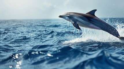 Fototapeta premium Wild dolphin jumping in the ocean : Generative AI