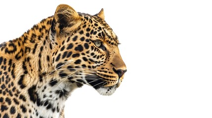 Obraz premium Portrait of leopard standing a looking away proudly Panthera pardus against white background : Generative AI