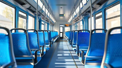 Fototapeta premium interior of a modern train or bus with rows of blue seats and a central aisle all unoccupied public transportation : Generative AI
