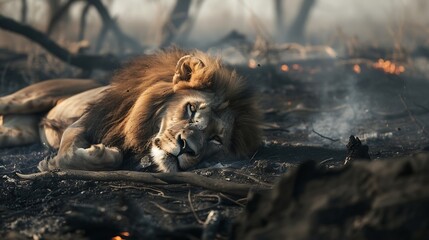 Africa lion male Botswana wildlife Lion fire burned destroyed savannah Animal in fire burnt place lion lying in the black ash and cinders Savuti Chobe NP in Botswana Hot season in Afri : Generative AI