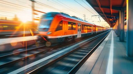 Naklejka premium Highspeed orange passenger train moving at railway station platform at sunset Train station Modern railway transportation concept with blurred motion effect Railroad Commercial transpo : Generative AI