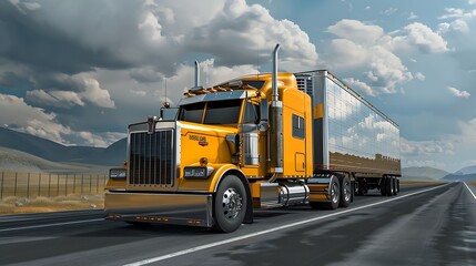 Industrial carrier long hauler classic yellow big rig semi truck tractor with high cab for truck driver rest transporting cargo in refrigerator semi trailer driving on the multiline hi : Generative AI